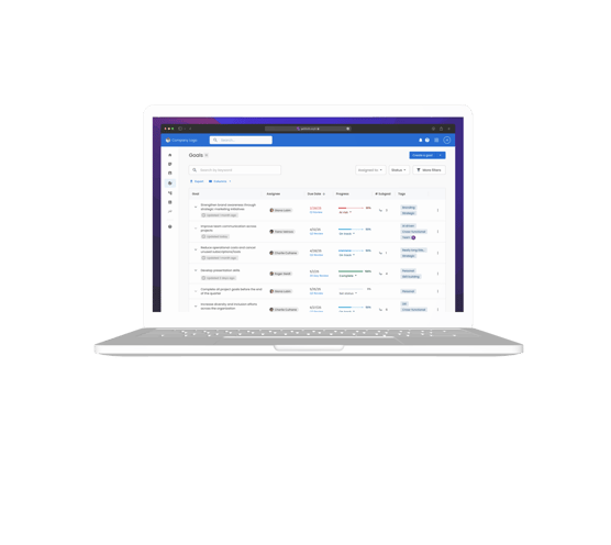 Mitratech Perform goal tracking dashboard with progress, assignees, and subgoals